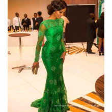 Emerald Green African Women Applique Mermaid Design Evening Dresses with Sleeves